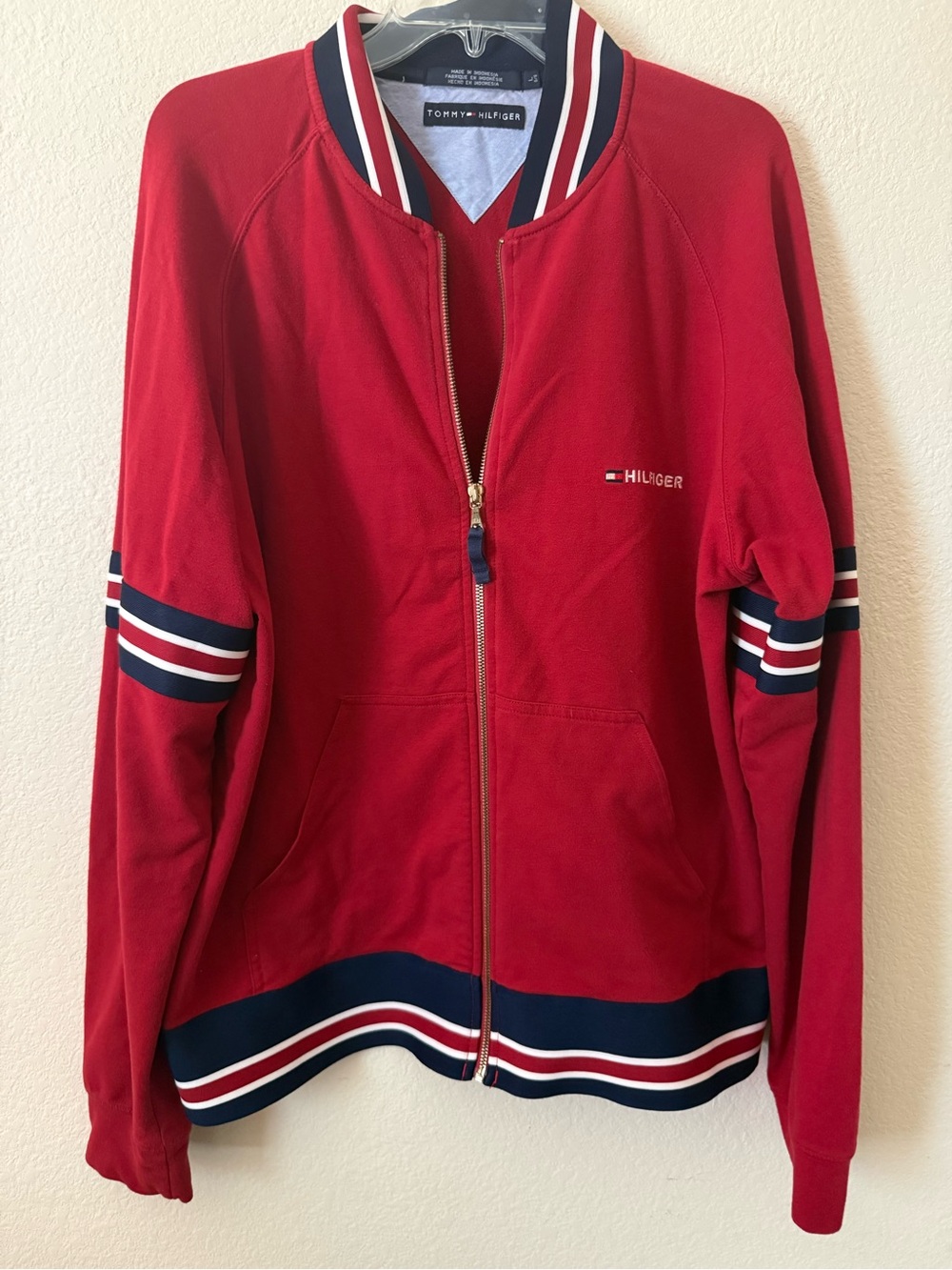 Tommy Hilfiger Red Zip-Up Jacket with Navy & White Trim - Size L